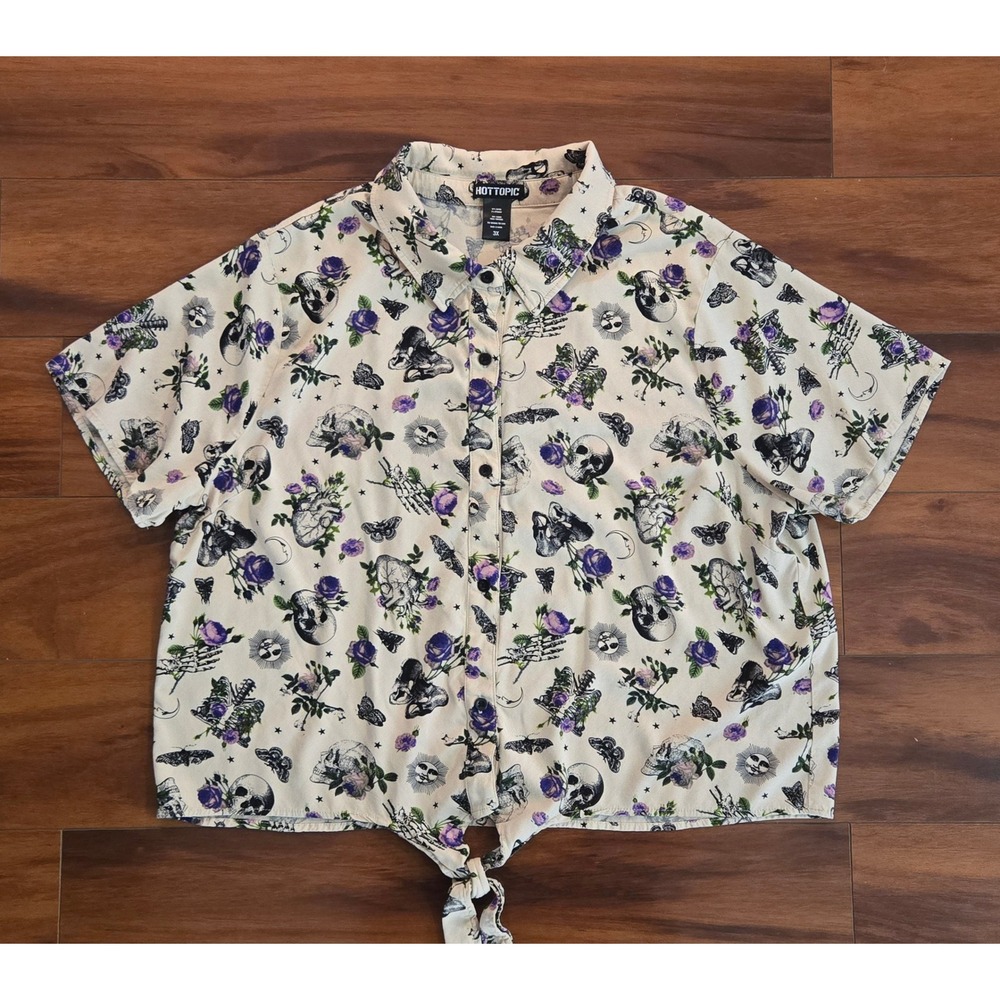 Hot Topic Bones & Flowers Tie-Front Button Down Shirt Cream Purple 3X Gothic Alt